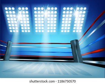 Boxing ring surrounded by ropes spotlit on and wind angle with blue background