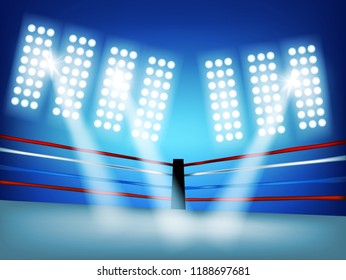 Boxing ring surrounded by ropes spotlit on and white smoke with blue background