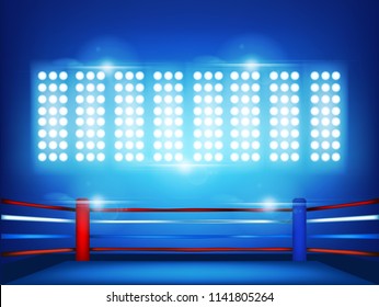 Boxing ring surrounded by spotlight ball on an isolated blue background