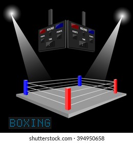 Boxing ring surrounded by spotlight on dark background with scoreboard