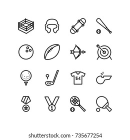 Boxing ring, training and sports equipment icon set