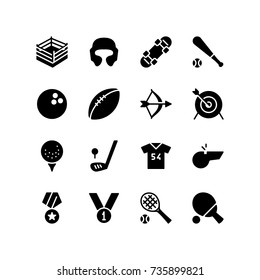 Boxing ring, training and sports equipment icon set