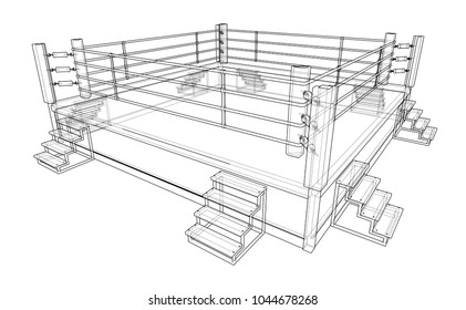 Boxing ring. Vector rendering of 3d. Wire-frame style. The layers of visible and invisible lines are separated