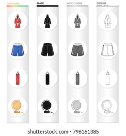 A boxing robe and panties, a training punching bag, a gong. Boxing set collection icons in cartoon black monochrome outline style vector symbol stock illustration web.