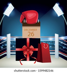Boxing sale colorful design with boxing glove, calendar, shopping bag and gift box over boxing ring, vector illustration