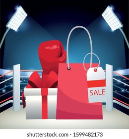 Boxing sale colorful design with red shopping bag and gift box over boxing ring background, vector illustration
