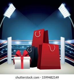 Boxing sale colorful design with shopping bags and gift box over boxing ring background, vector illustration