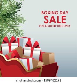 Boxing sale colorful design with sled with gift boxes and decorative pine branches over gray background, vector illustration