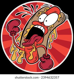 boxing sausage with mustard receiving a beating, textured background and sports texts, cardboard style to give more fun to the illustration that is also in full color for labels or other types of prin