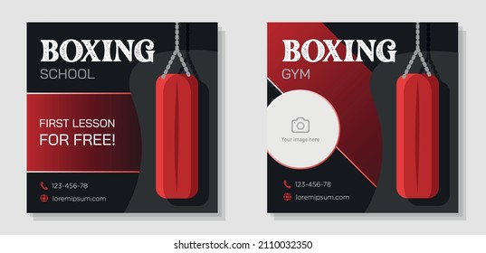 Boxing school social media post banner set, martial arts gym advertisement concept, sports promotional abstract square ad, offer flyer leaflet concept, isolated