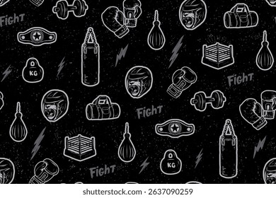 Boxing seamless pattern with dumbbells, boxing glove, championship fight ring, punching bag, training helmet, sport equipment for boy textile, wrapping paper, tee design. grunge texture background