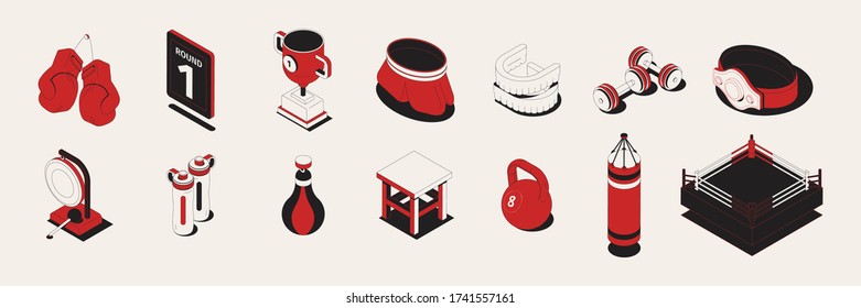 Boxing set with isometric icons and isolated images of sport equipment with trophies and gymnastic apparatus vector illustration