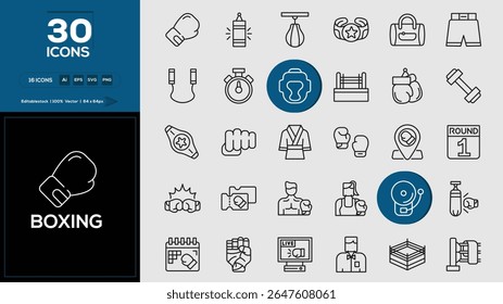 Boxing set of outline icons related to analysis, infographic, analytics. Editable stroke. Vector illustration.