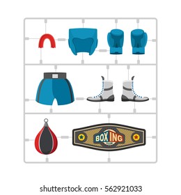 Boxing set Plastic Model kit. Collection champion. Gloves and protective helmet. Sports shorts and cap. punching bag and winner belt. 