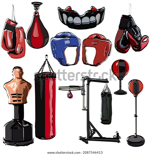 Boxing set. Sports equipment for classes. Pears,\
protection, gloves,\
helmet.