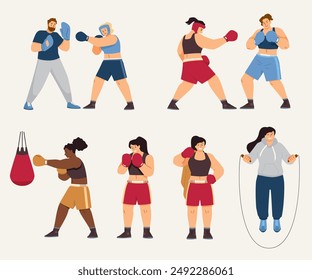 Boxing set. Vector illustrations of male and female boxers, punching equipment, jump rope, punching bag, gloves. It is great for designing sports themes