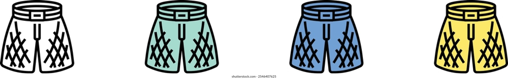 ícone de calções de boxe. Contorno, Design de estilo verde, azul e amarelo isolado no plano de fundo branco