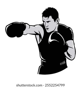 Clipart de silhueta de boxe - Boxer poderoso em ação para laser e uso de impressão