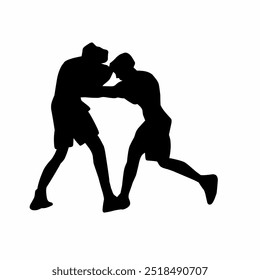 Silhueta de boxe, silhueta de kickbox e silhueta de luvas de boxe. Silhueta isolada de um boxeador masculino sobre um fundo branco. Ilustração vetorial.