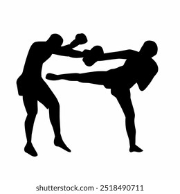 Silhueta de boxe, silhueta de kickbox e silhueta de luvas de boxe. Silhueta isolada de um boxeador masculino sobre um fundo branco. Ilustração vetorial.