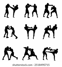Silhueta de boxe, silhueta de kickbox e silhueta de luvas de boxe. Silhueta isolada de um boxeador masculino sobre um fundo branco. Ilustração vetorial.