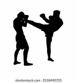 Boxing silhouette, kickbox silhouette, and boxing gloves silhouette. Isolated silhouette of a male boxer on a white background. Vector illustration.