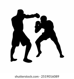 Silueta de boxeo, silueta de kickbox y silueta de guantes de boxeo. Silueta aislada de un boxeador masculino sobre un fondo blanco. Ilustración vectorial.