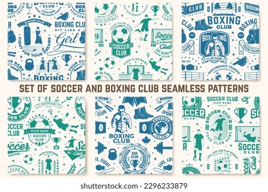 Boxing and soccer club seamless pattern. Vector. For sport club background with boxer, soccer player, goalkeeper and gate silhouettes. Concept for boxing and soccer sport pattern background or