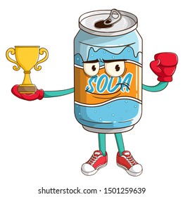 boxing soda can cartoon character win the championship with trophy and funny smile face