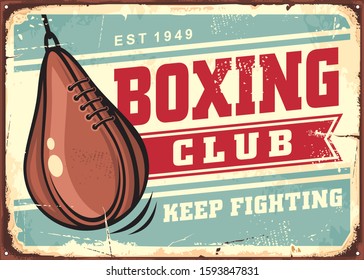 Boxing speed ball on old tin sign background, retro advertising for boxing club. Leather pear shape punching bag vintage signboard. Fighting sports vector illustration.