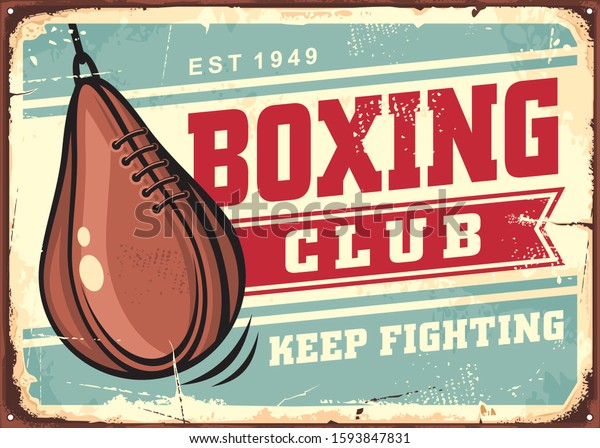 Boxing speed ball on old tin\
sign background, retro advertising for boxing club. Leather pear\
shape punching bag vintage signboard. Fighting sports vector\
illustration.