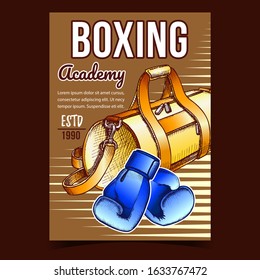 Boxing Sport Academy Advertising Banner Vector. Box Gloves Constructed Of Premium Leather Long-lasting Durability And Bag for Sportive Clothes. Layout Designed In Vintage Style Color Illustration