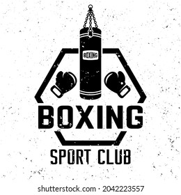 Boxing sport club championship vector monochrome emblem, label, badge or logo in vintage style on background with removable grunge textures