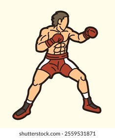 Boxing Sport Fighter Ready to Fight Action  Kickboxing Muay Thai Cartoon Graphic Vector