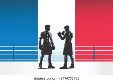 Boxing sport game representing sport championship event, France games 2024, boxer silhouette in ring, boxing competition 