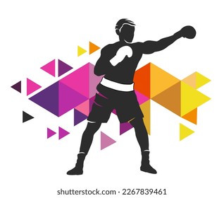 Gráfica deportiva de boxeo con fondo abstracto.