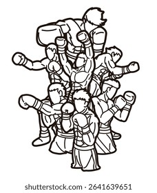 Boxing Sport Group of Boxer Ultimate Fighter Mix Action Muay Thai Cartoon Outline Graphic Vector