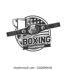 Boxing sport icon with champion belt. Boxing championship or tournament, martial arts competition monochrome vector emblem, label or icon with American flag, contest winners prizes svg