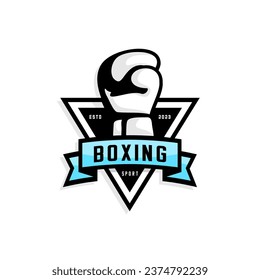 boxing sport logo, boxing gloves with a triangle background and a ribbon that says boxing