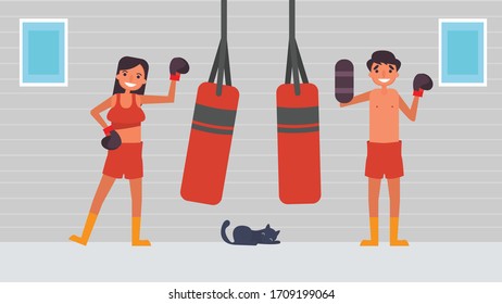 boxing sport Lover's hobbies activities couples spend together on summer ,holidays, Time with loved ones Happiness No place like home concept,Colorful vector illustration in flat cartoon style.