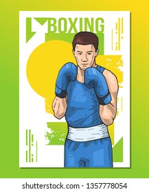 Boxing sport poster. Sportsman standing on abstract background. Vector illustration of man with boxing gloves, ready to fight