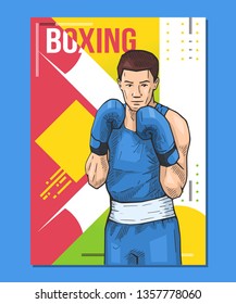 Boxing sport poster. Sportsman standing on abstract background. Vector illustration of man with boxing gloves, ready to fight