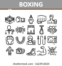 Boxing Sport Tool Collection Icons Set Vector Thin Line. Boxing Glove And Shirts, Protection Helmet And Mouth Piece, Ring And Box Award Concept Linear Pictograms. Monochrome Contour Illustrations