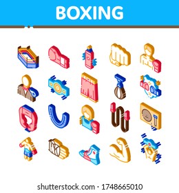 Boxing Sport Tool Collection Icons Set Vector. Boxing Glove And Shirts, Protection Helmet And Mouth Piece, Ring And Box Award Isometric Illustrations