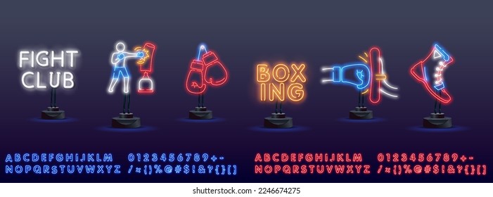 Boxing Sport Tool neon light sign vector. Glowing bright icon Boxing Glove And Shirts