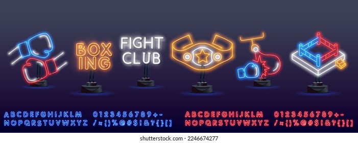 Boxing Sport Tool, vector de señal de luz de neón. Icono brillante Boxing Glove And Shirts