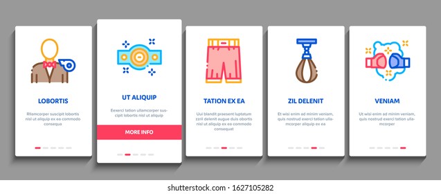 Boxing Sport Tool Onboarding Mobile App Page Screen Vector. Boxing Glove And Shirts, Protection Helmet And Mouth Piece, Ring And Box Award Concept Linear Pictograms. Color Contour Illustrations