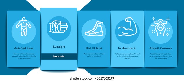 Boxing Sport Tool Onboarding Mobile App Page Screen Vector. Boxing Glove And Shirts, Protection Helmet And Mouth Piece, Ring And Box Award Concept Linear Pictograms. Color Contour Illustrations