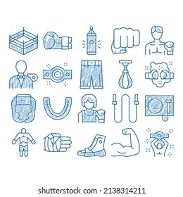 Boxing Sport Tool sketch icon vector. Hand drawn blue doodle line art Boxing Glove And Shirts, Protection Helmet And Mouth Piece, Ring And Box Award Illustrations