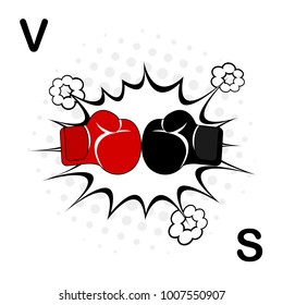 Boxing sport training icon. Boxing gloves fight icon, red vs black. collision of mittens of rivals against the background of an explosion. Vector illustration.